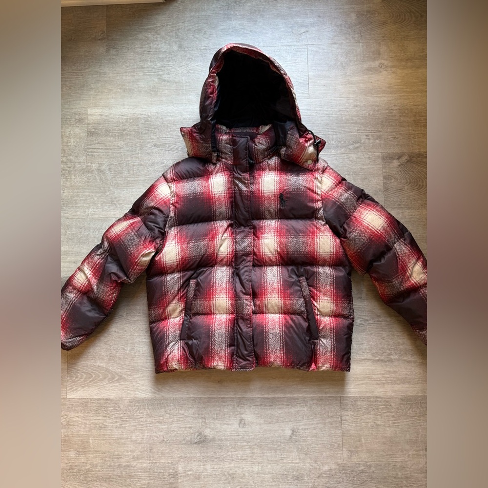Polo Ralph Lauren Carly Plaid Down Hooded Puffer Jacket Size L